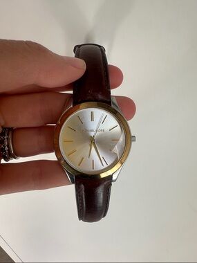 Michael Kors Brown Leather Strap Watch with Silver Dial and Gold Bezel